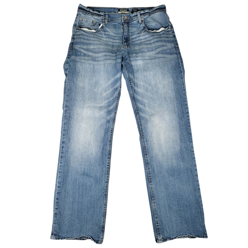 Reclaim Jeans Mens 34L (Fits 35x34) Relaxed Straight Blue Faded Whiskered Denim